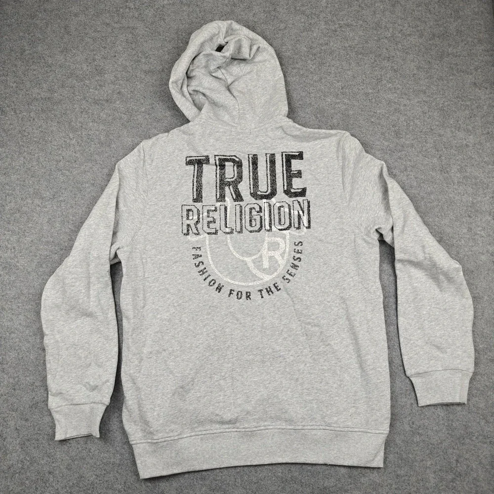 True Religion Hoodie Mens XL Gray‎ Textured TR Full Zip Graphic Logo Fleece